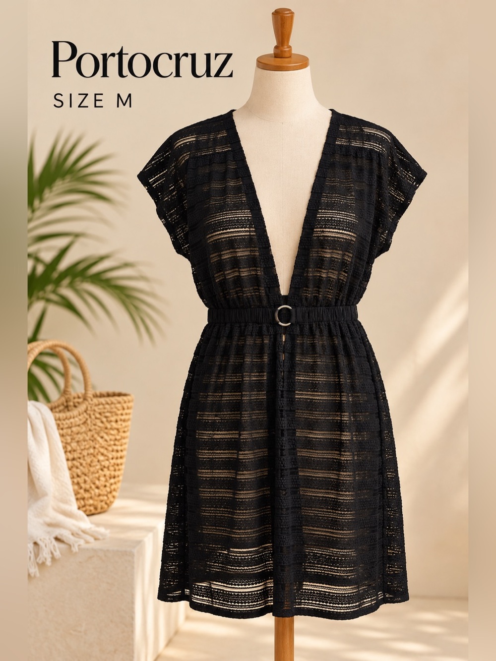 Portocruz Black Lace Belted Swim Cover Up Size Medium NWT